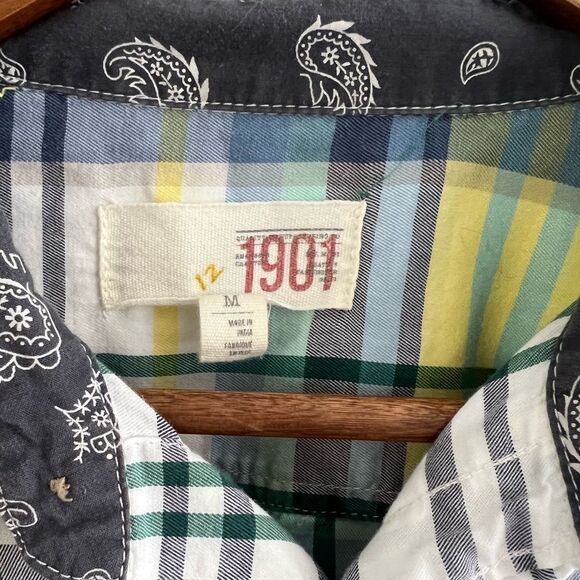 1901 Blue Green Yellow Plaid Button Down Collared Shirt Nordstroms Men's Medium - Picture 12 of 16